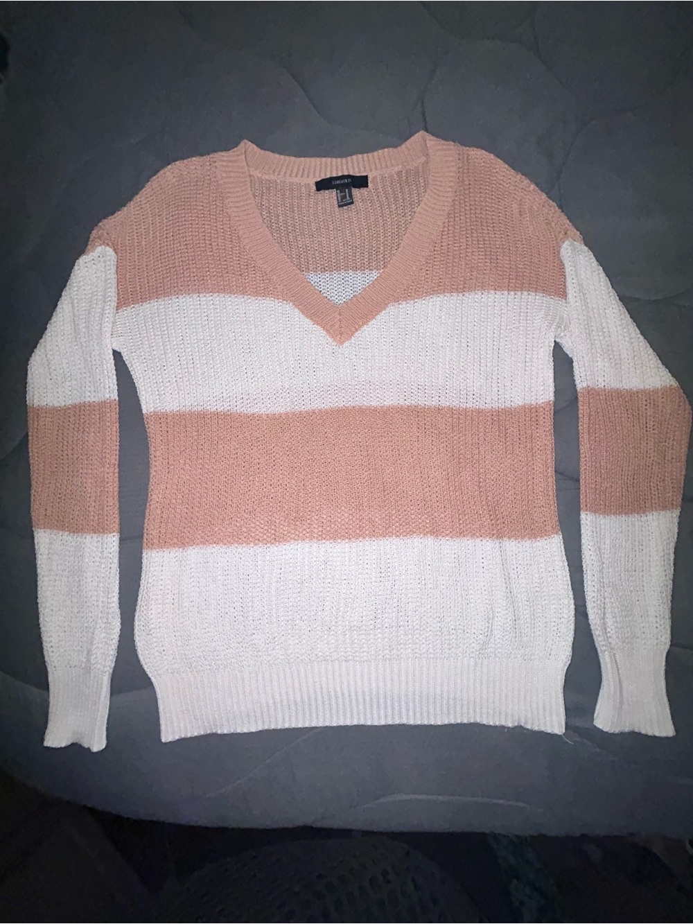 Forever 21 Tan and Ivory Loose Knit Striped V-Neck Sweater